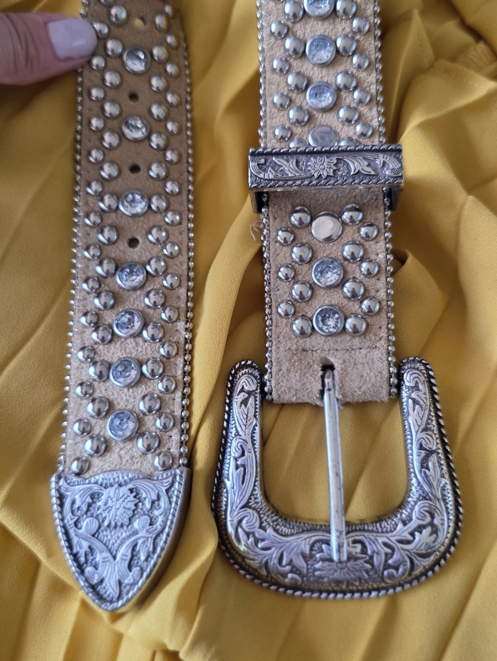 Vintage Western Studded Leather Belt Rhinestone Silver Buckle Boho Y2K S/M - Picture 4 of 11